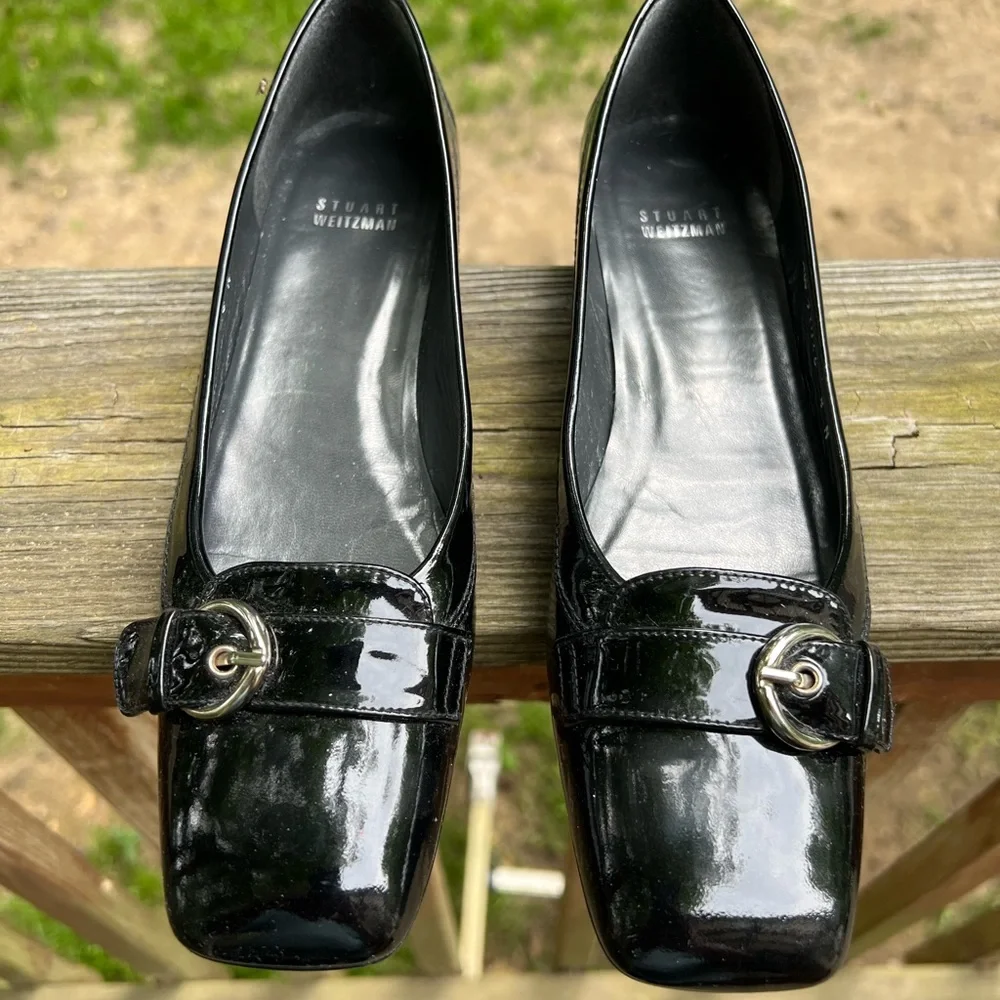 STUART WEITZMAN Black Patent Leather Small wedge Flat shoes Women’s 8 Narrow - Picture 5 of 11